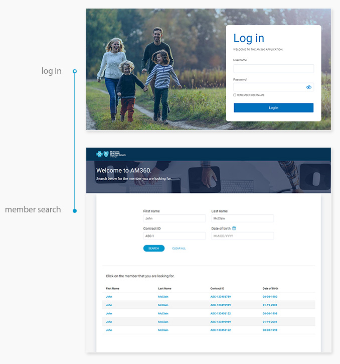 high fidelity UI of AM360 login screen and the search page after you log-in
